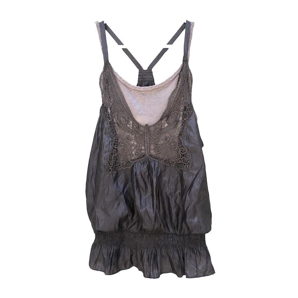Luna Double Layer Tank Top Blouse Butterfly Mocha Brown Women's Large NEW
